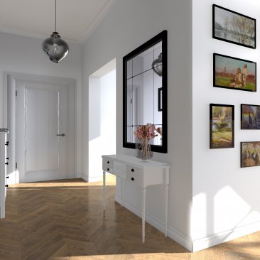 Aranżacja wnętrza - korytarz z galerią zdjęć i czarnym lustrem